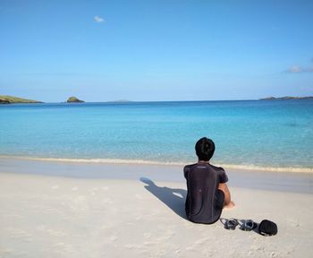 Rear view of man on beach against clear sky