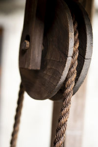 Close-up of rope tied on wood