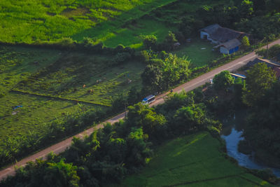 High angle view of road amidst agricultural landscape