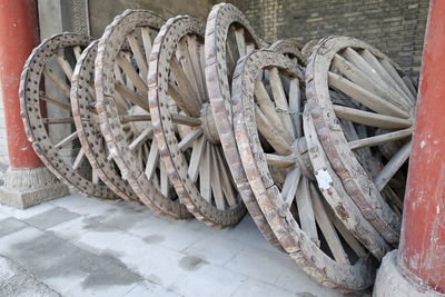 High angle view of ropes tied on wood