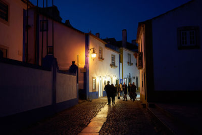 People walking on street amidst buildings in city at night