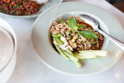 High angle view of food in plate on table