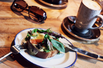 High angle view of breakfast served on table