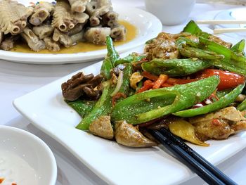 High angle view of food in plate on table