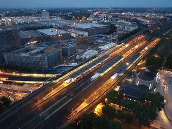 High angle view of illuminated cityscape at night