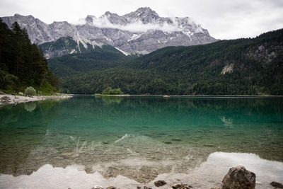 Scenic view of lake and mountains against sky