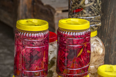 Close-up of colorful containers