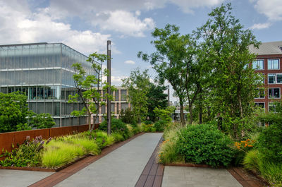 Trees, shrubs and other greenery on a corten steel bridge across the railway tracks