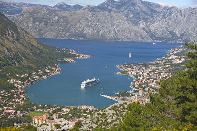 High angle view of boats in bay