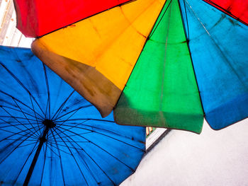 Vivid multi-colored on the old and dirty beach umbrella