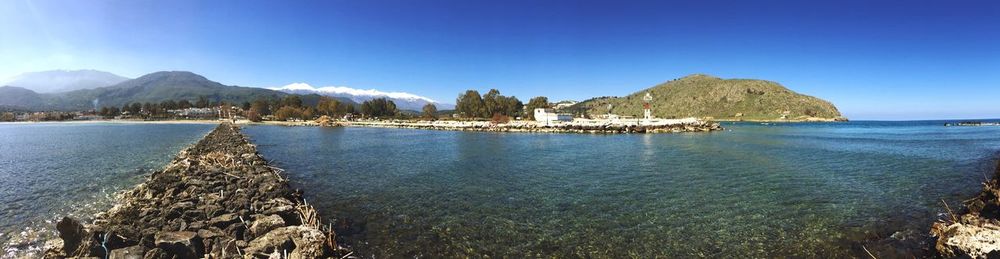 Panoramic view of sea against clear blue sky