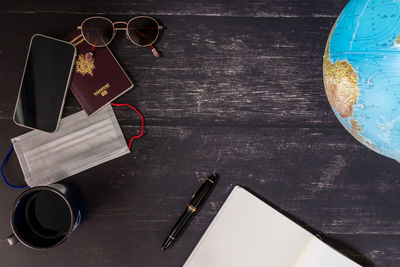 High angle view of objects on table