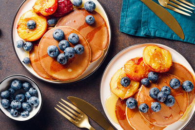 High angle view of breakfast served on table