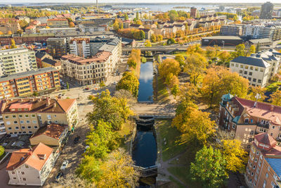 High angle view of buildings in city