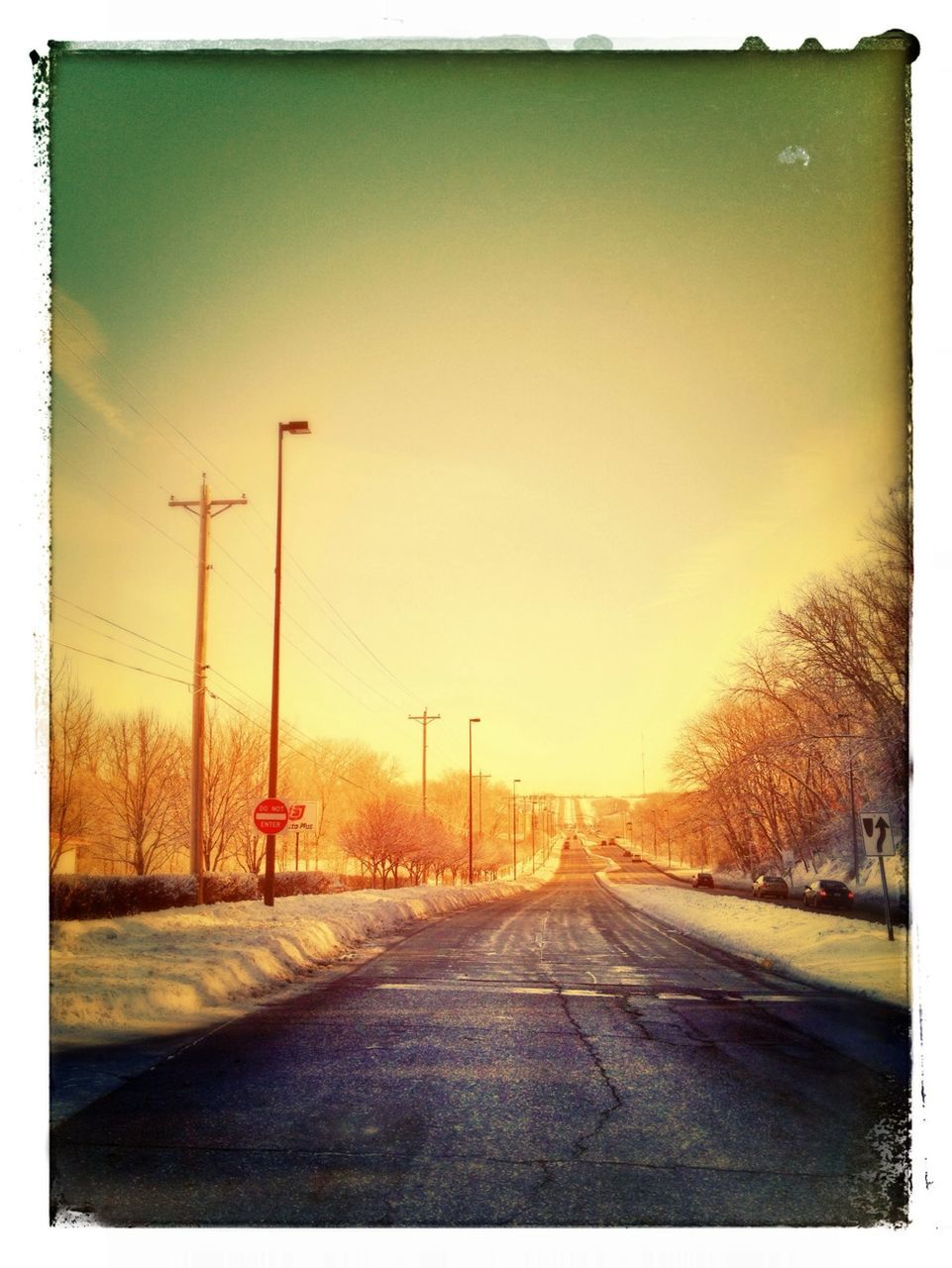 the way forward, road, diminishing perspective, transfer print, transportation, vanishing point, street light, auto post production filter, empty, sunset, clear sky, road marking, empty road, sky, street, country road, long, tranquility, tree, copy space