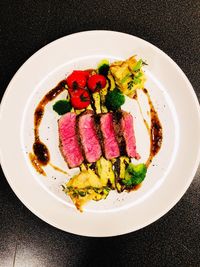 High angle view of food served in plate