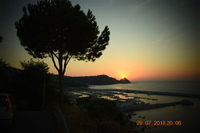 Silhouette trees by sea against sky during sunset