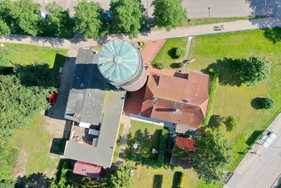 High angle view of trees and plants outside building