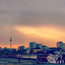 City skyline at sunset