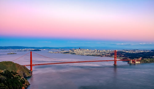 High angle view of city at sunset