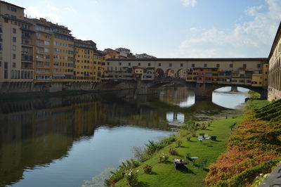 Bridge over river in city against sky