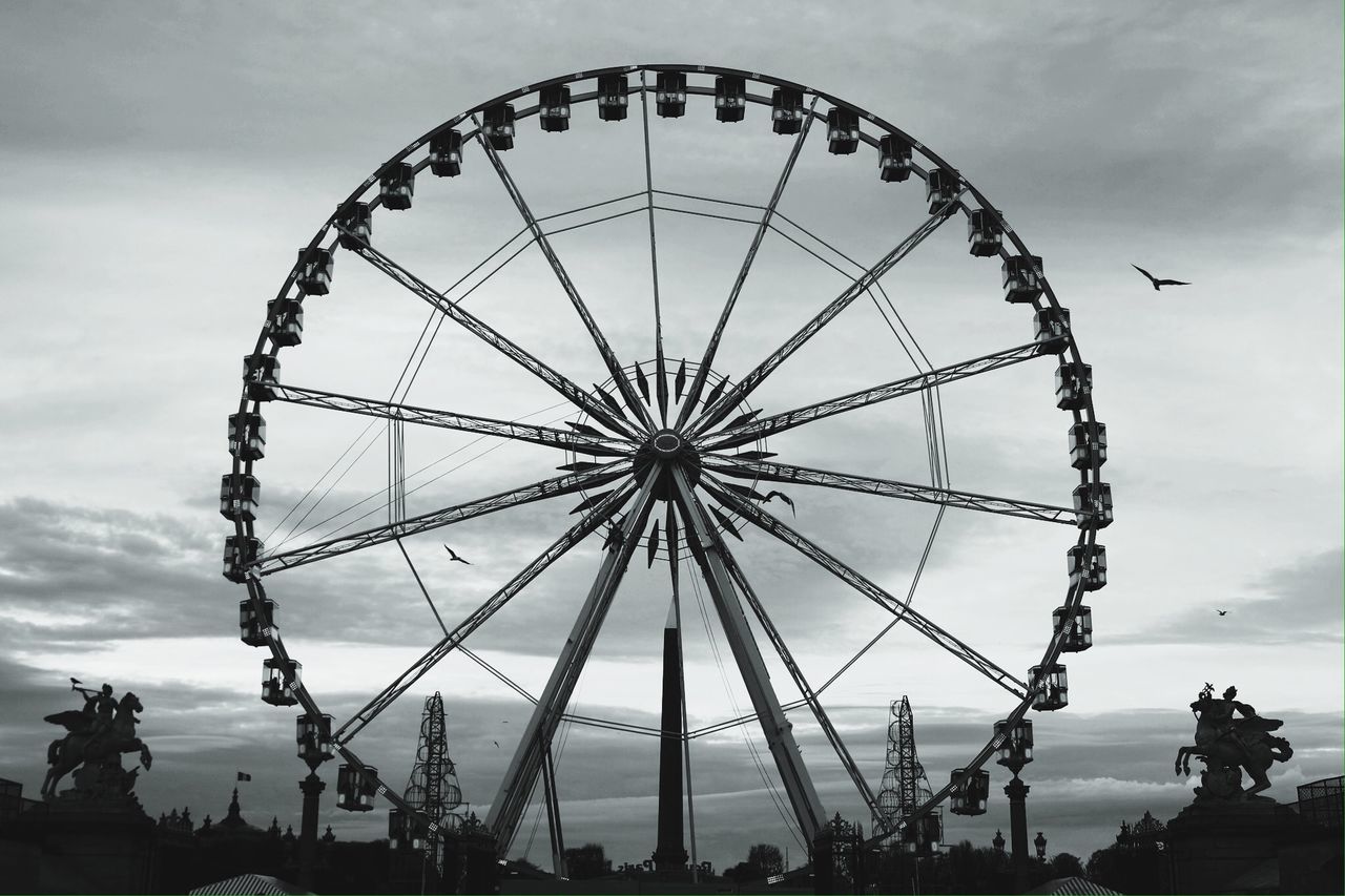 amusement park, ferris wheel, amusement park ride, low angle view, sky, arts culture and entertainment, cloud - sky, built structure, cloudy, architecture, cloud, silhouette, metal, outdoors, day, no people, large, dusk, big wheel, fun