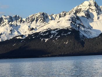 Scenic view of lake and mountains against sky