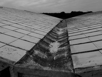 Low angle view of roof tiles against sky