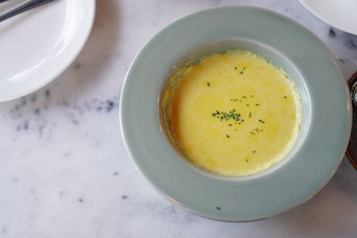 High angle view of soup in bowl on table