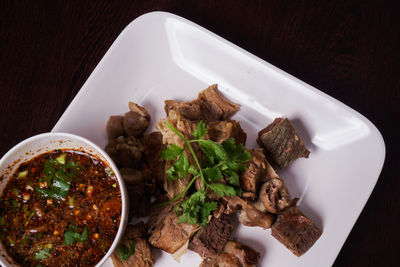 High angle view of food in plate