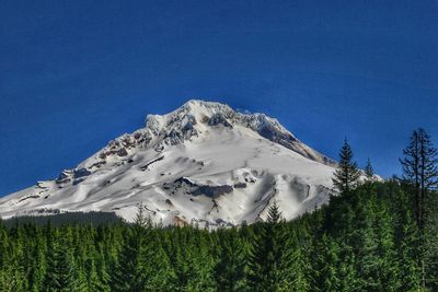 Scenic view of snowcapped mountains against clear blue sky