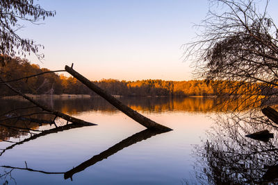 Scenic view of lake against sky at sunset