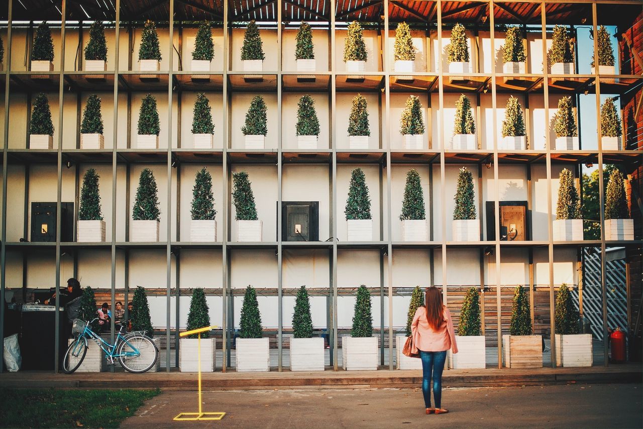 lifestyles, architecture, leisure activity, standing, built structure, person, casual clothing, men, building exterior, full length, retail, indoors, store, walking, rear view, wall - building feature, city