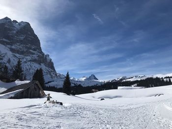 Scenic view of snow covered mountains against sky