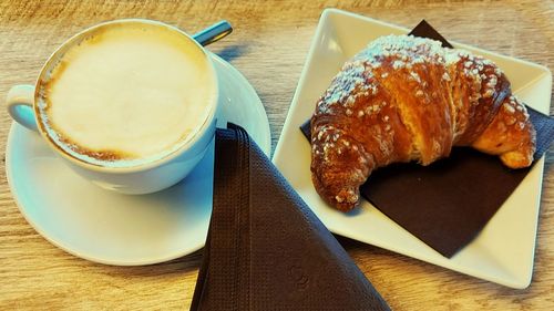 High angle view of breakfast served on table