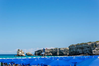 Panoramic view of sea against clear blue sky