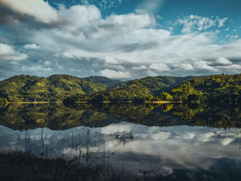 Reflection of the hills around the wonorejo reservoir