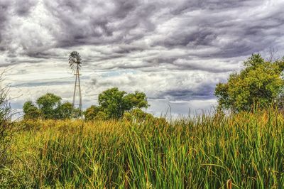 Scenic view of field against cloudy sky