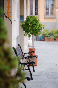 Empty chairs and tables against building in city