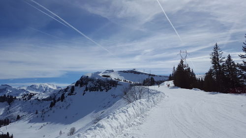 Snow covered landscape against sky