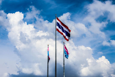 Low angle view of flags waving against cloudy sky