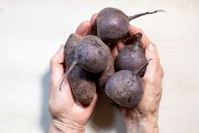 Beetroots in elderly woman's hans on white background