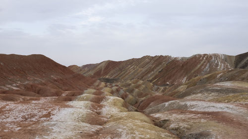 Scenic view of mountain against cloudy sky - danxia landform in northwest china