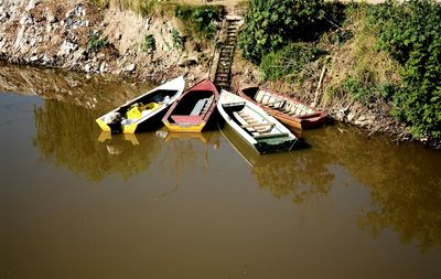 High angle view of boats moored in lake