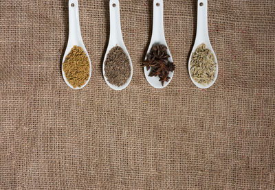 High angle view of spices in container