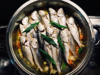 High angle view of meat in bowl