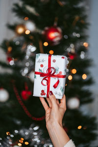 Midsection of woman holding christmas tree