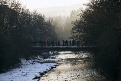 People on bridge over frozen lake amidst trees