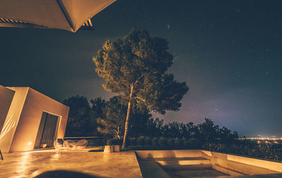 Trees outside house against sky at night