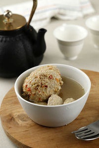 Bakso mercon or spicy meatballs, traditional food from java, indonesia, cooked with chilli 